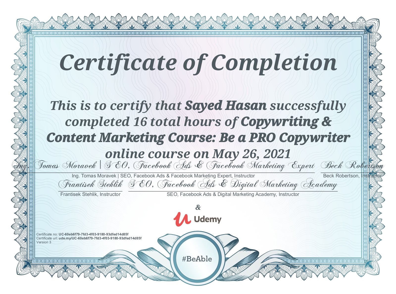 Sayed's certificate of content writing