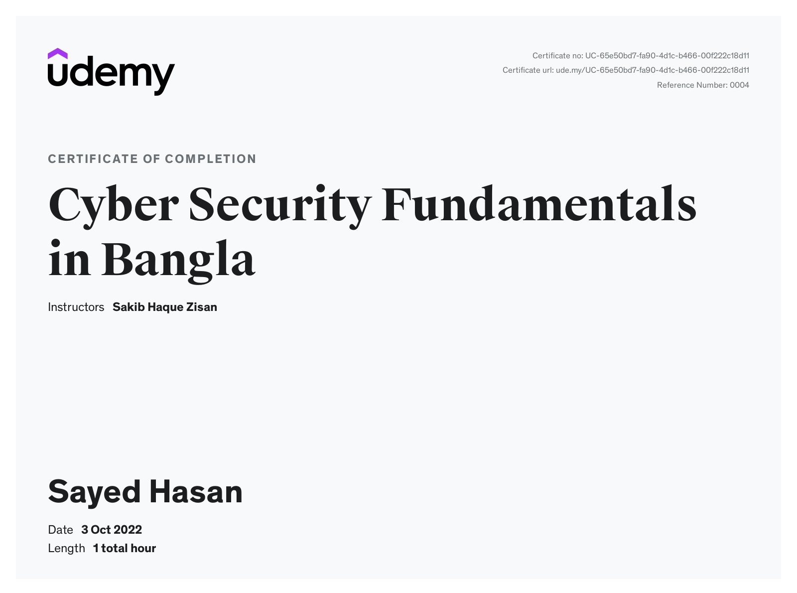 Sayed's certificate of cyber security