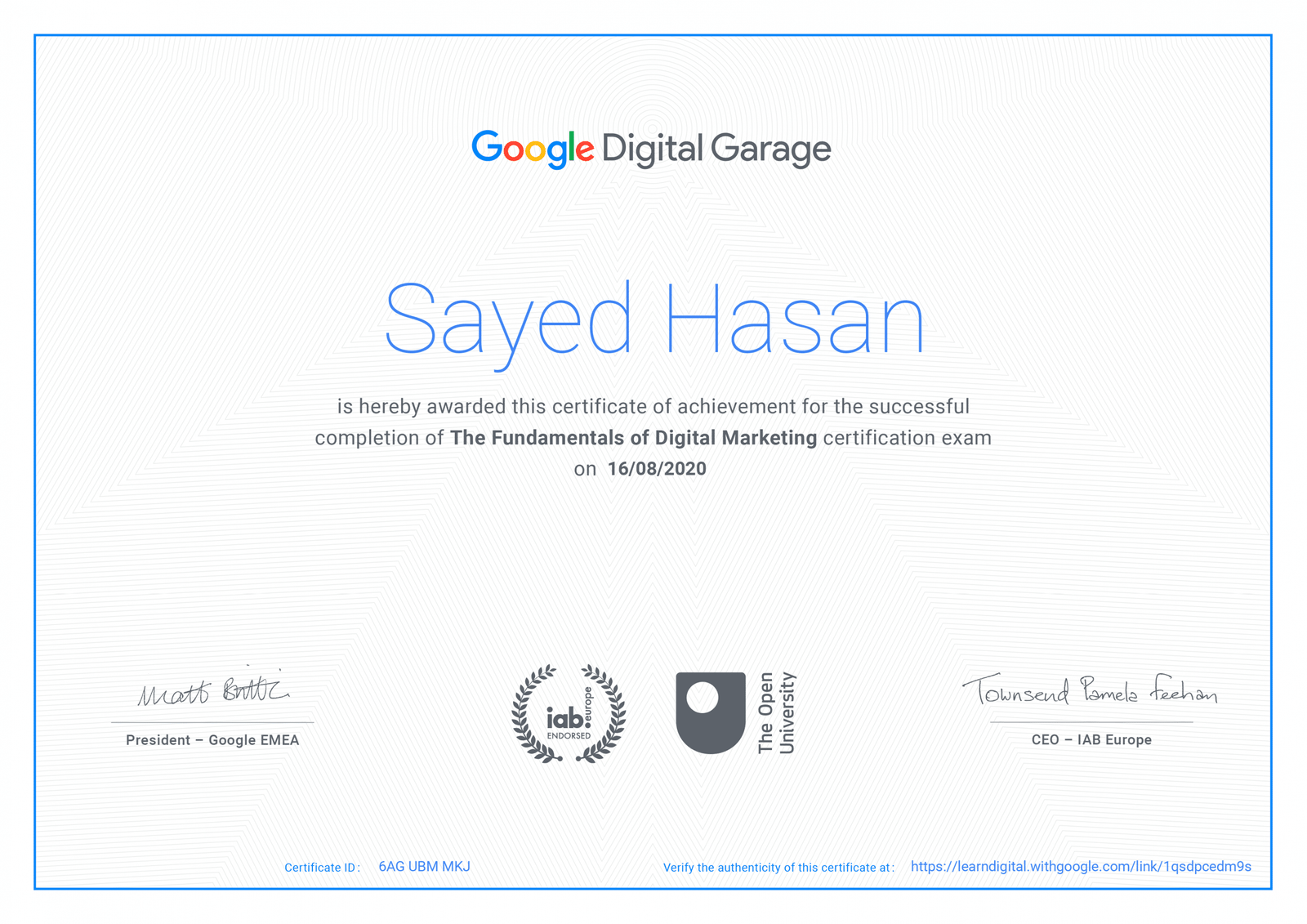 Sayed's certificate of digital marketing
