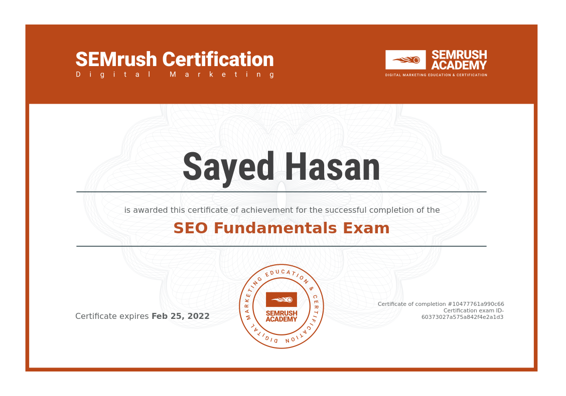 Sayed's certificate of SEO